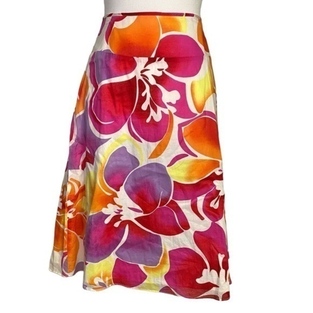 New York & Company Tropical Colorful Floral Print Cotton Midi Skirt